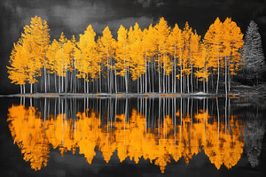 Golden trees reflect calm waters, a Photo by Pavel_design