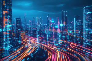 Night skyline with glowing lights, a Photo by Beautiful things