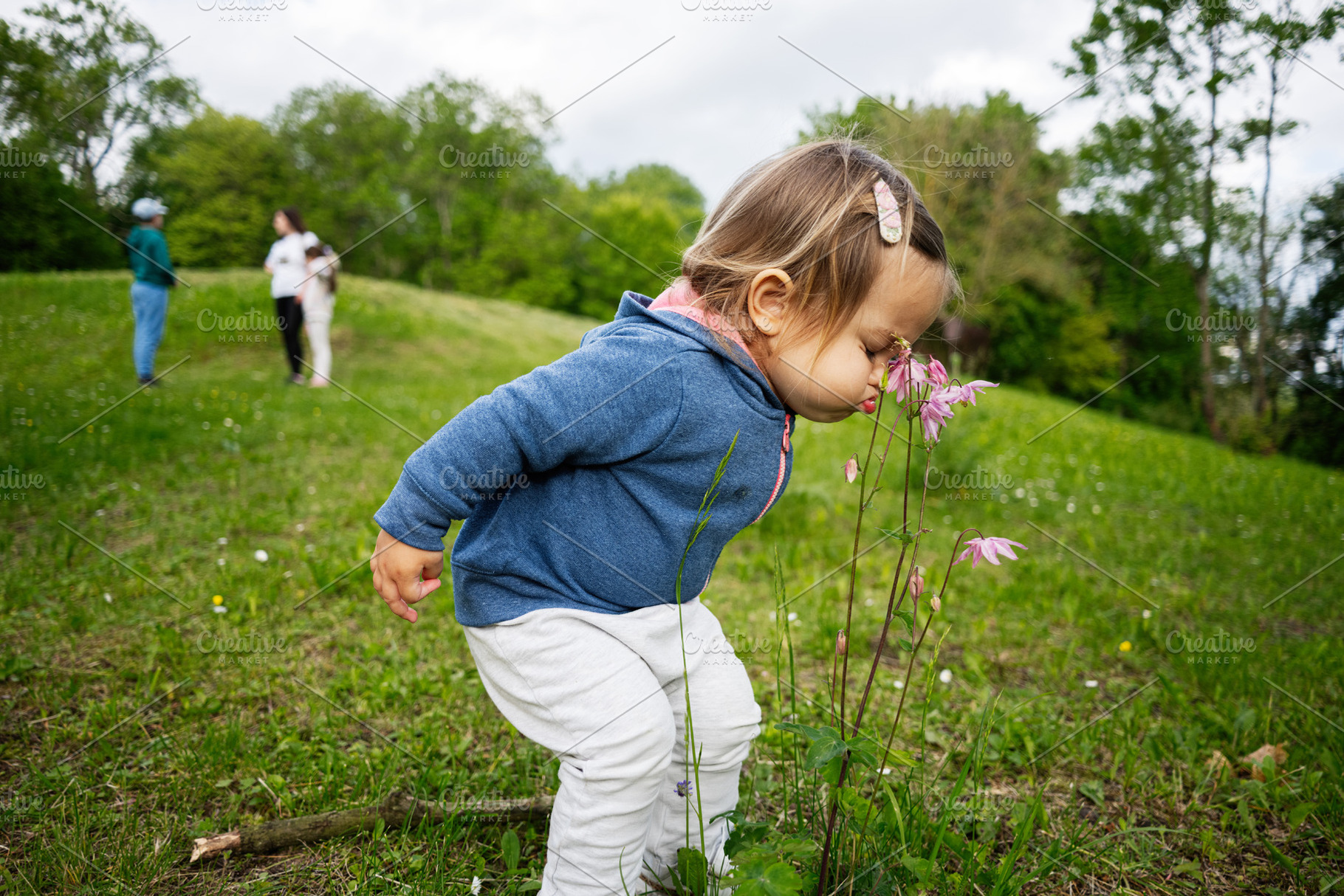 Young child smells wildflowers in a rural field with family in background., a Person Photo by AS photostudio