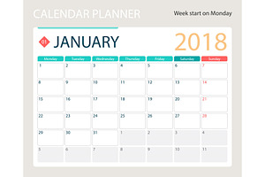 JANUARY 2018, Illustration Vector Calendar Or Desk Planner, Weeks Start On Monday