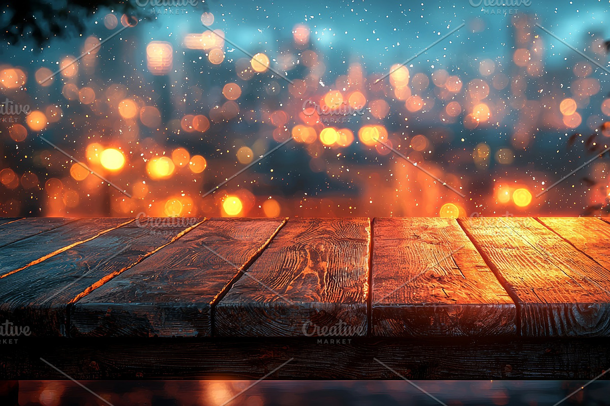 Illuminated wooden table with city lights and a magical atmosphere, an Illustration by AS photostudio