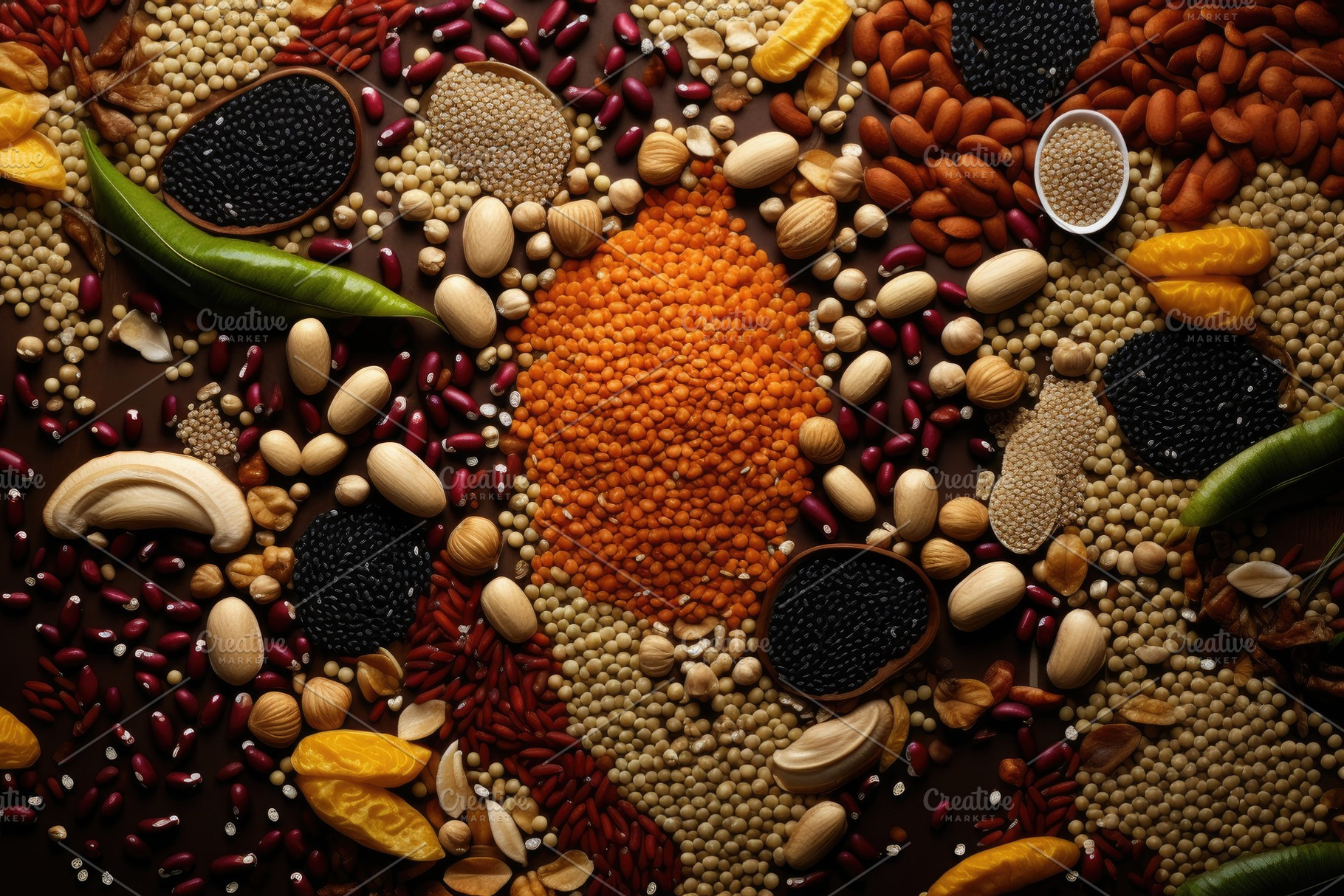 Assortment of grains and legumes on, a Photo by Iftikhar Alam