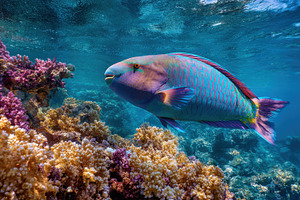 Colorful fish swims through coral, a Photo by Pavel_design
