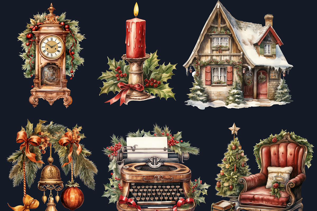 Watercolor Antique Christmas Clipart, a Seasonal Illustration by GiraffeCreative (Photo 4 of 9)