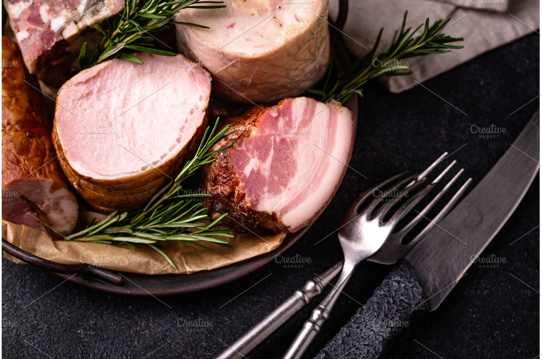 Different meat, sausages, ham and, a Food & Drink Photo by Yulia Furman
