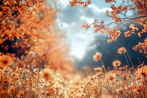 Golden daisy meadow glowing in soft sunlight with autumn-colored, a Nature Photo by José Manuel Gelpi