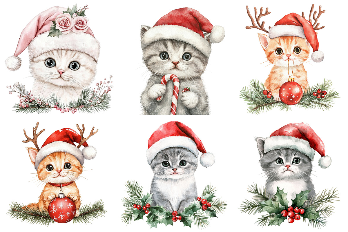 Christmas Hat and Cat Face Clipart, a Seasonal Illustration by CitraGraphics (Photo 2 of 5)