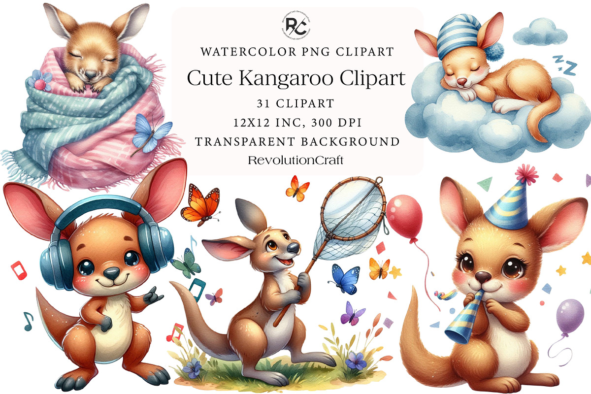 Cute Kangaroo Clipart Bundle, an Illustration by OK Design (Photo 1 of 5)