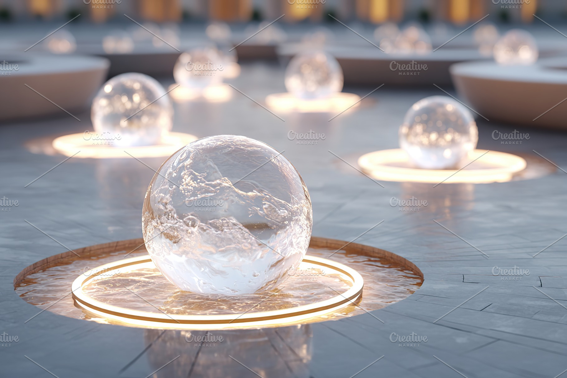 Creative lighting illuminates glass spheres on a reflective surface at a modern, a Photo by AlyaAnd