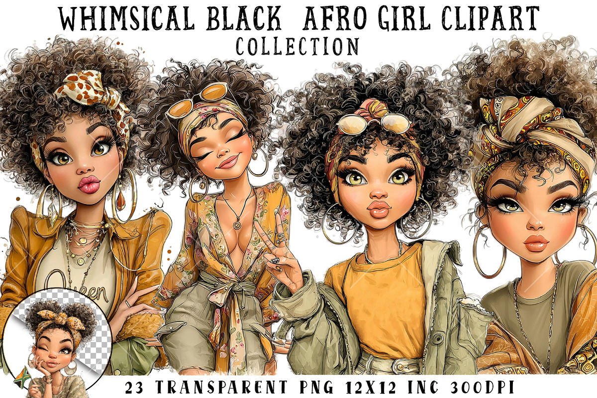 Whimsical Black Afro Girl Clipart, an Illustration by OK Design (Photo 1 of 6)
