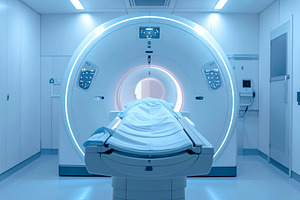 Modern mri in room with a patient lying still inside the machine, a Health & Medical Photo by DanFLCreativo