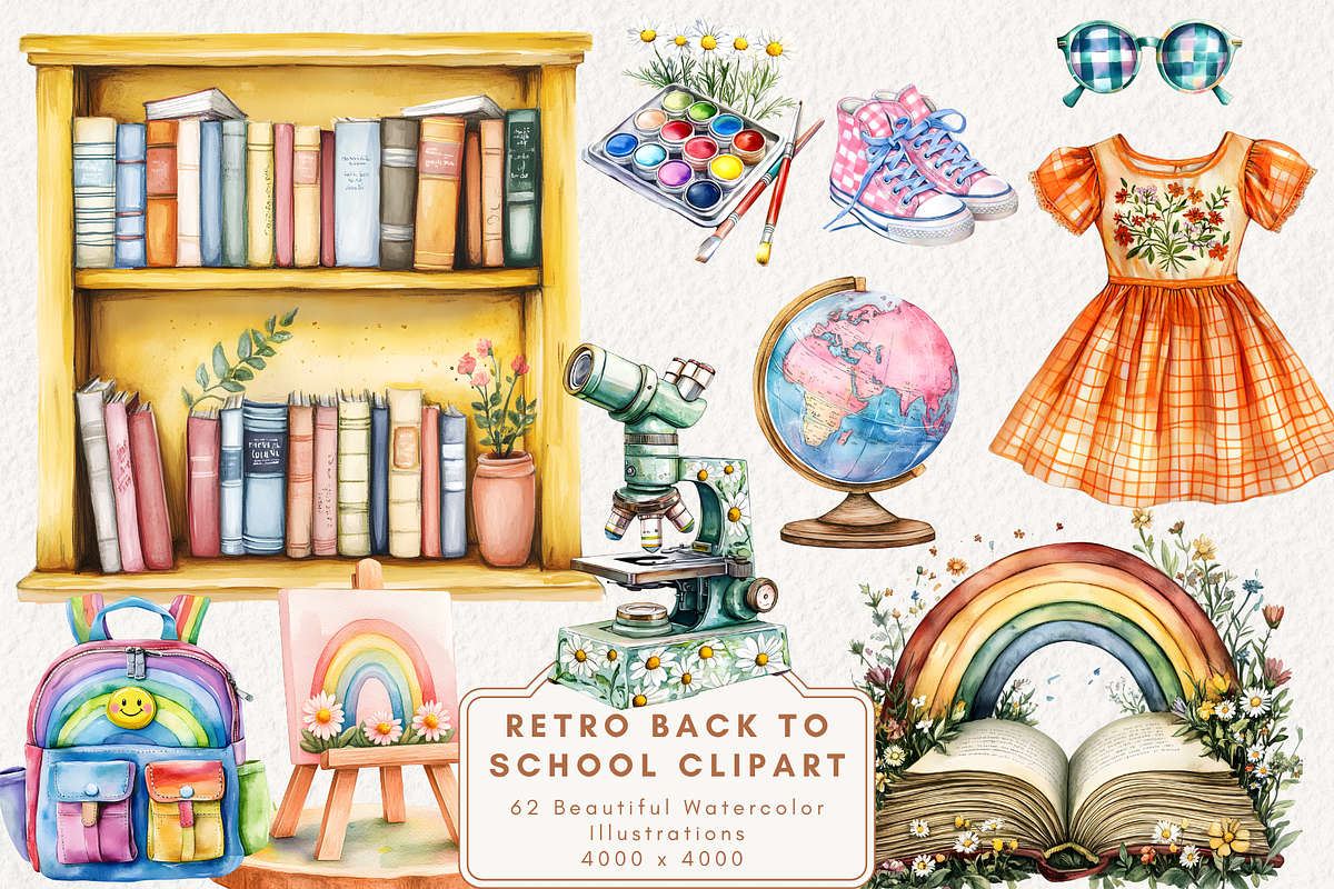 Retro Back to School Clipart, an Illustration by NadiaTheronArt (Photo 1 of 5)