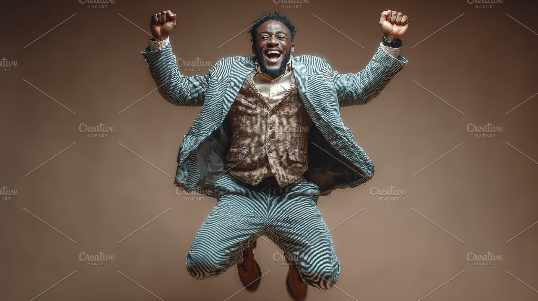Joyful guy jumping in celebration in formal outfit on beige background, a Person Photo by AS photostudio