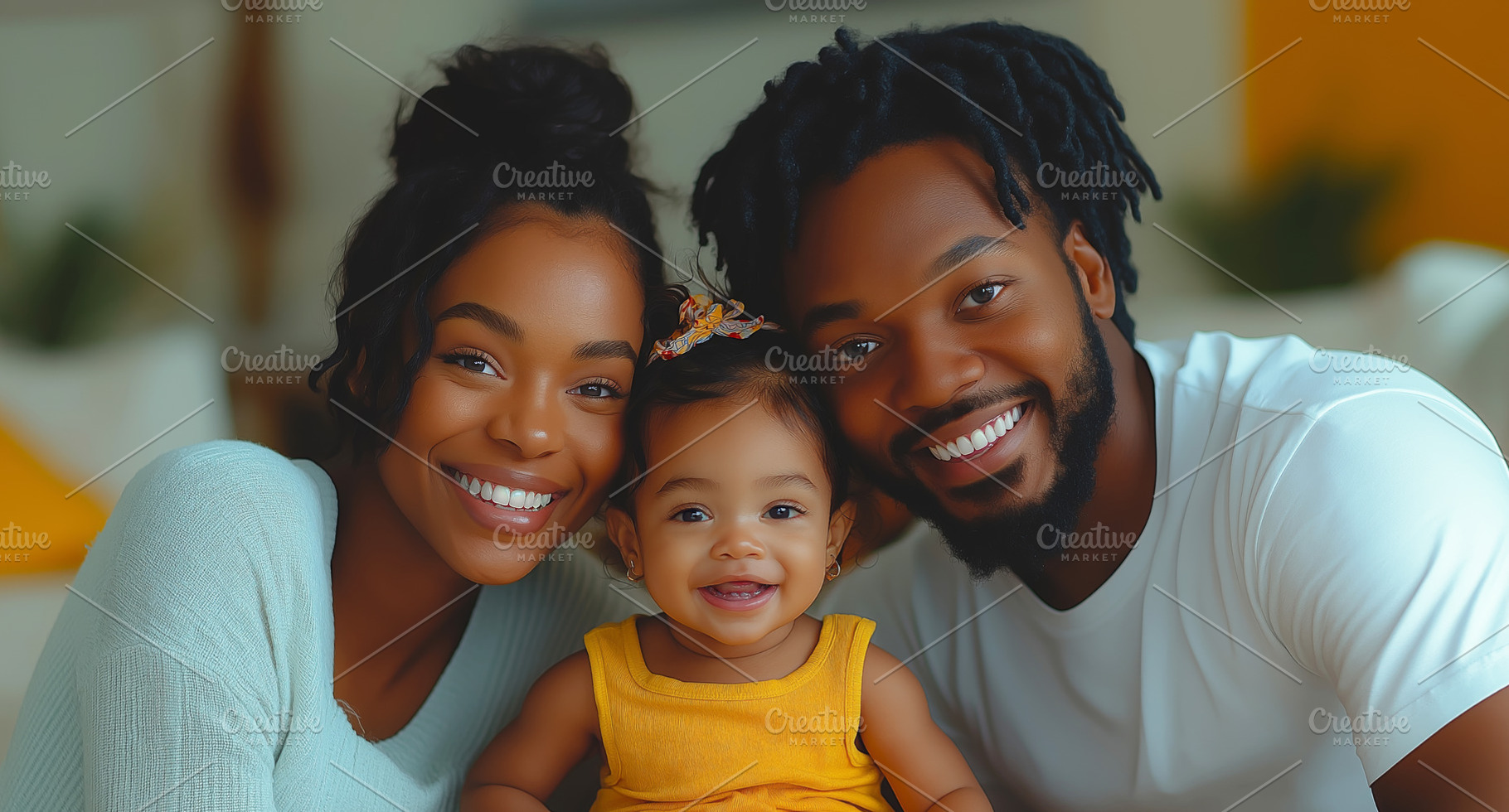 A joyful Black family, featuring a mother, father, and their adorable toddler,, a Person Photo by ImageMir