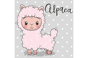 Cute Cartoon Alpaca On A Gray