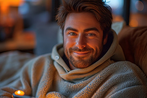 A smiling young Caucasian man relaxed on a cozy couch, wearing a warm fleece ho, a Person Photo by ImageMir