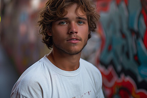 A young Caucasian male with tousled hair stands in front of a colorful graffiti, a Person Photo by ImageMir