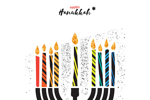 Colorful Happy Hanukkah Greeting Card. Jewish Holiday With Menorah