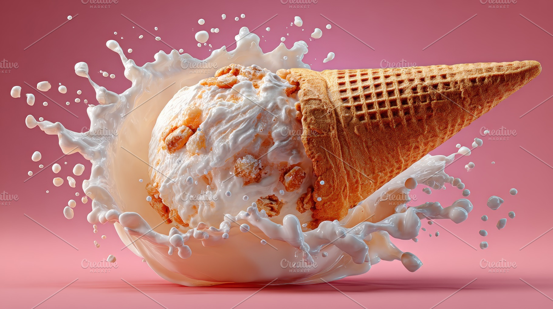 Ice cream cone in milk splash delici, a Photo by Pixeness Studio