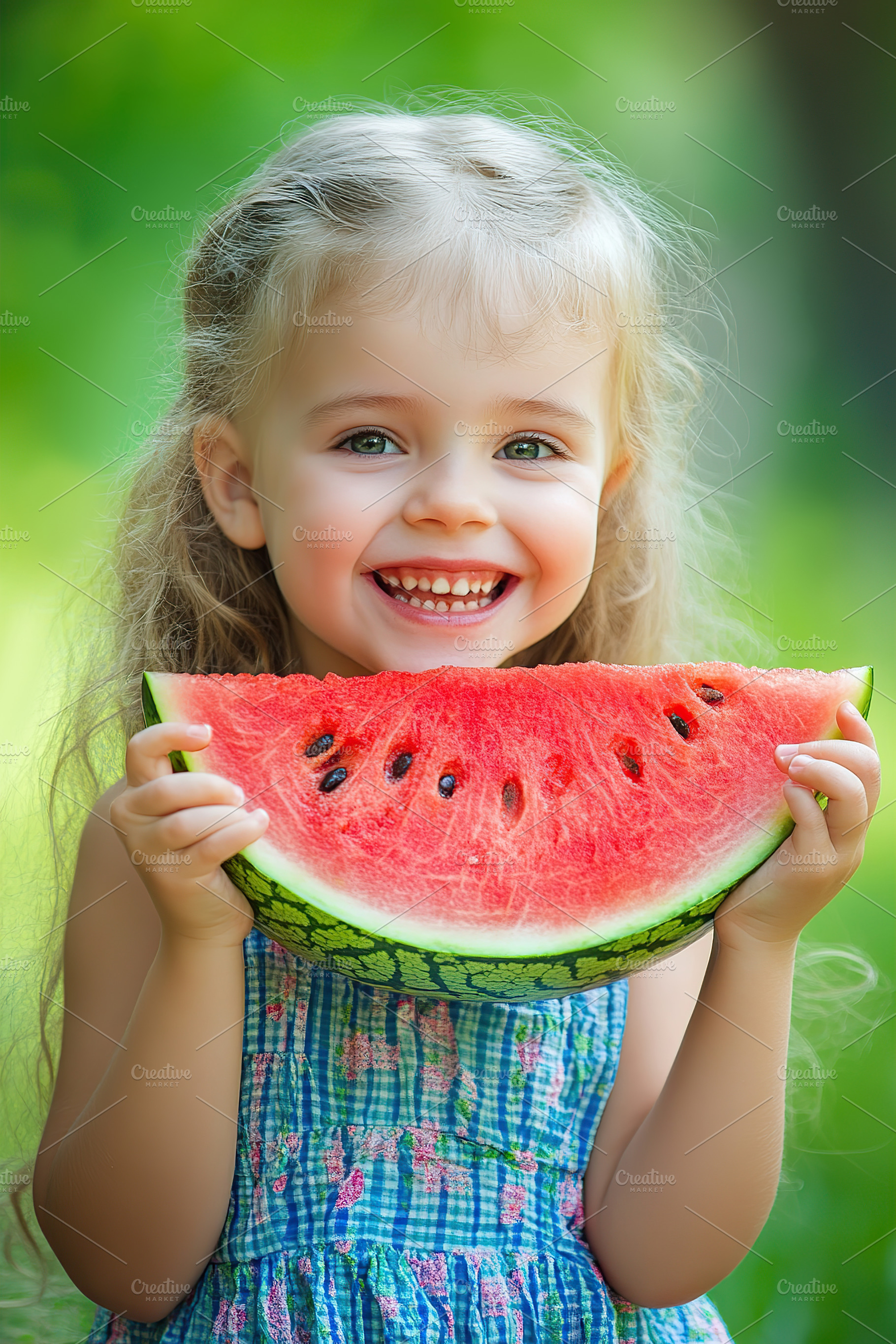 Girl happily enjoying a juicy slice of watermelon in a sunny gre, a Food & Drink Photo by AlyaAnd