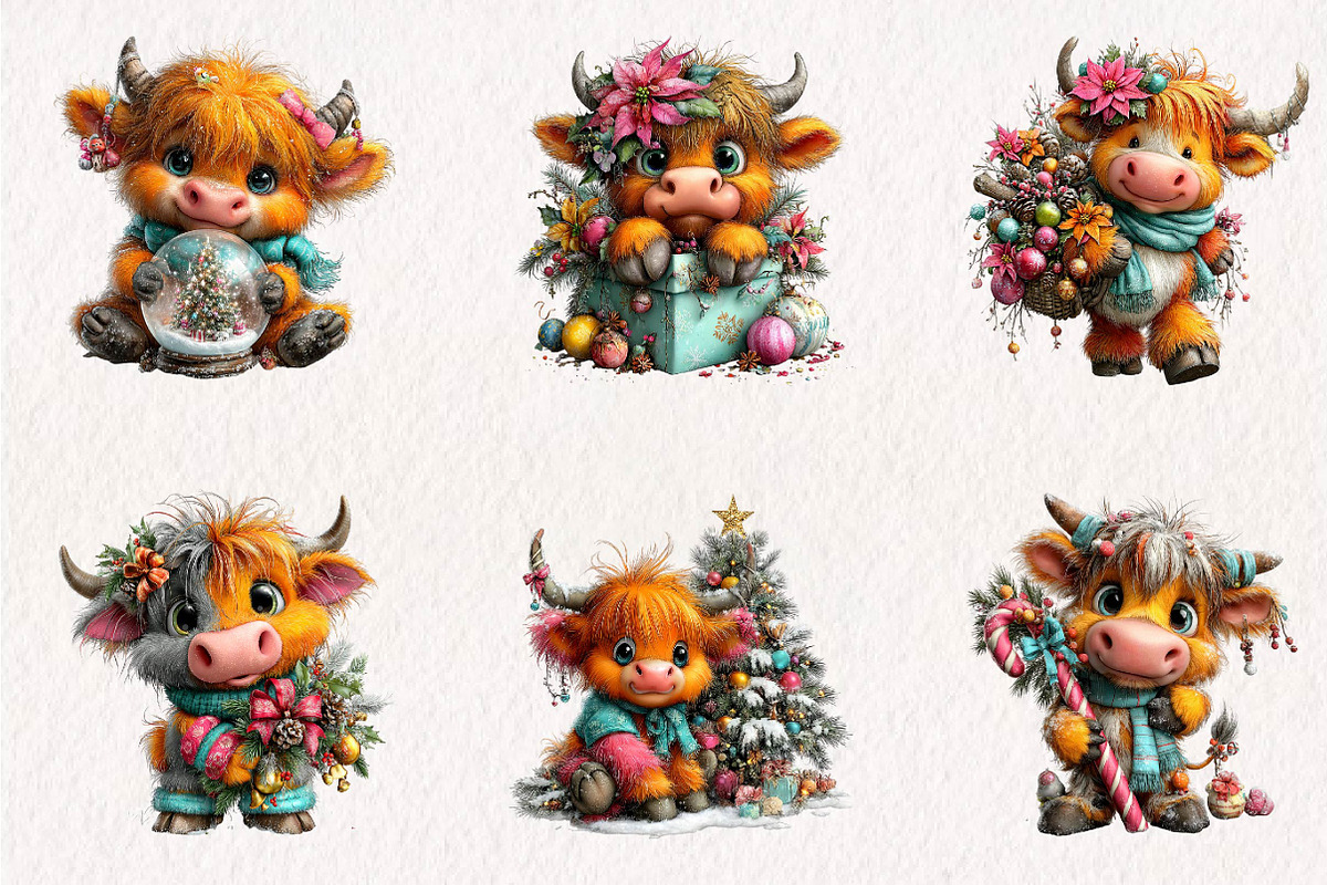 Cute Highland Cow Christmas clipart, a Seasonal Illustration by CreationArt (Photo 2 of 7)