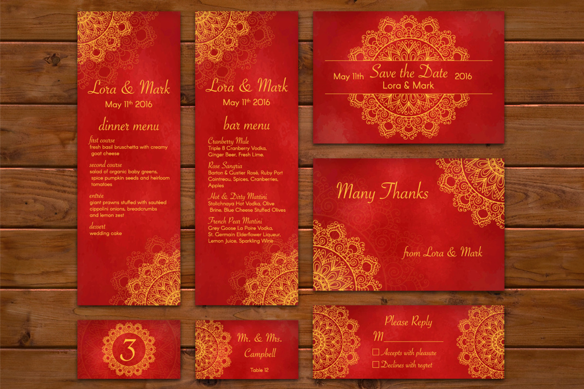Red-gold ethnic wedding set, an Invitation Template by Della_Liner