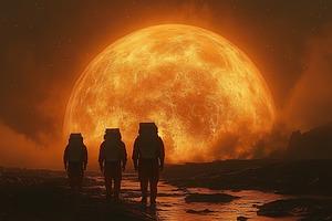 Three astronauts walk across the rocky surface of Mars with a la, a Photo by AlyaAnd