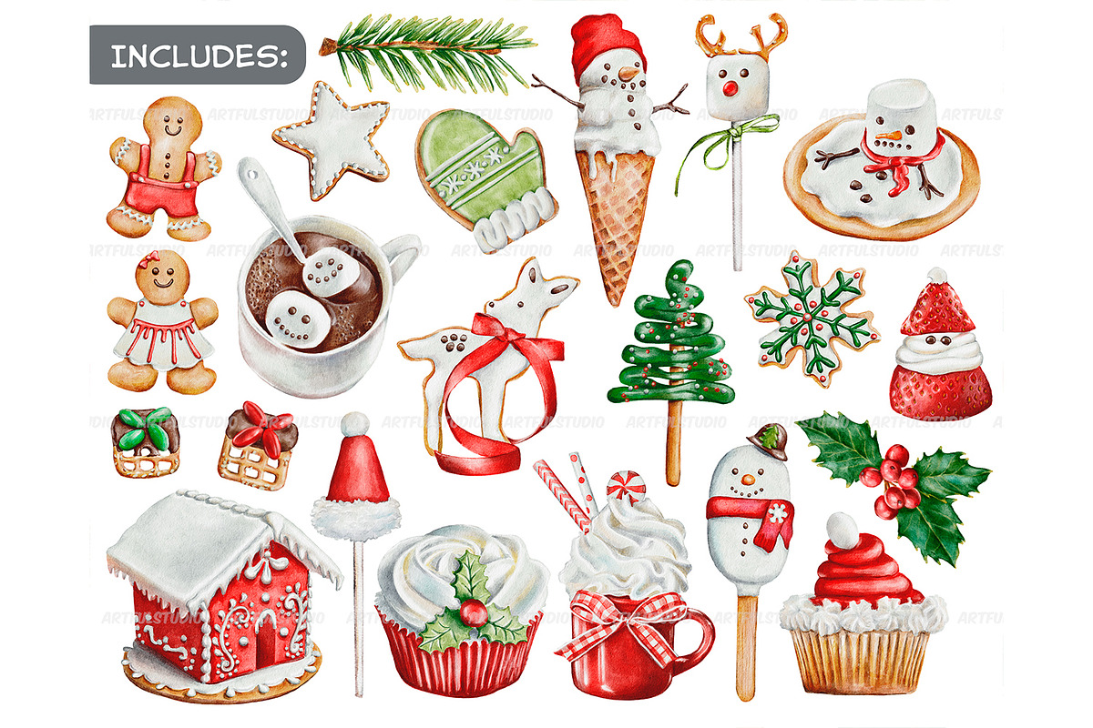 Watercolor christmas sweets clipart, a Decorative Illustration by ArtfulStudio (Photo 2 of 10)