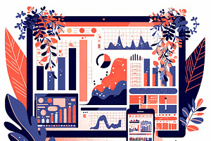 Digital data visualization on desktop and smartphone in a vibrant workplace, an Illustration by AS photostudio