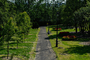 Idyllic garden pathway in Mosfellsbær, Iceland surrounded by blooming flowers, a Photo by AS photostudio