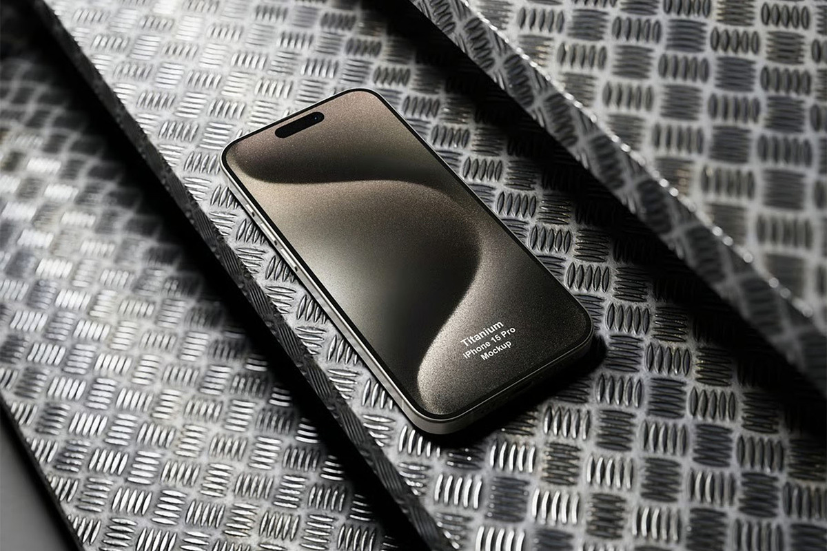 iPhone 15 Pro with Titanium Mockup, an iPhone Mockup by zippypixelstudio (Photo 2 of 5)