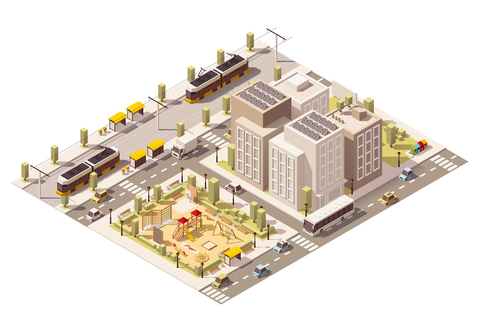 Vector isometric low poly commuter town infrastructure, an Education