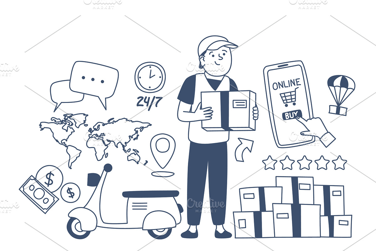 Doodle delivery concept. Post worker, a Transportation Illustration by LadadikArt