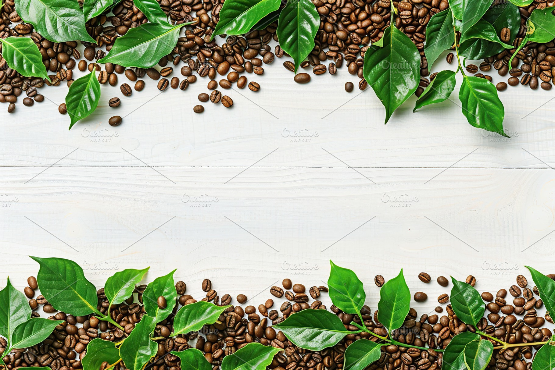 Flat lay of coffee beans with green leaves and copyspace for text on white wood, a Food & Drink Photo by AlyaAnd