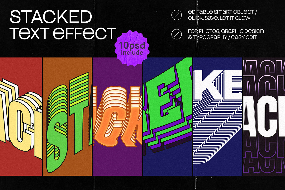 Stacked Text Effect - 10 in 1, a Layer Style Add-On by dokudokunomi (Photo 1 of 4)