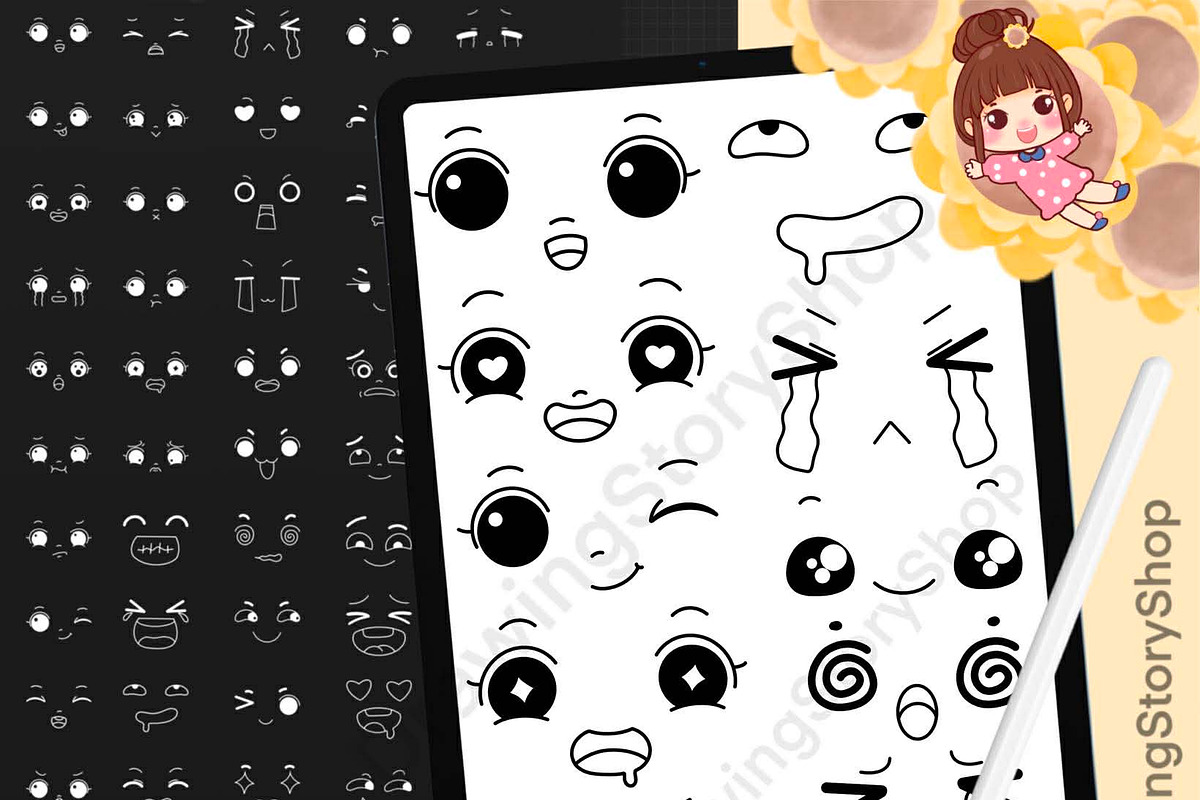 200 Procreate Kawaii Faces Stamps, a Brush Add-On by DrawingStoryShop