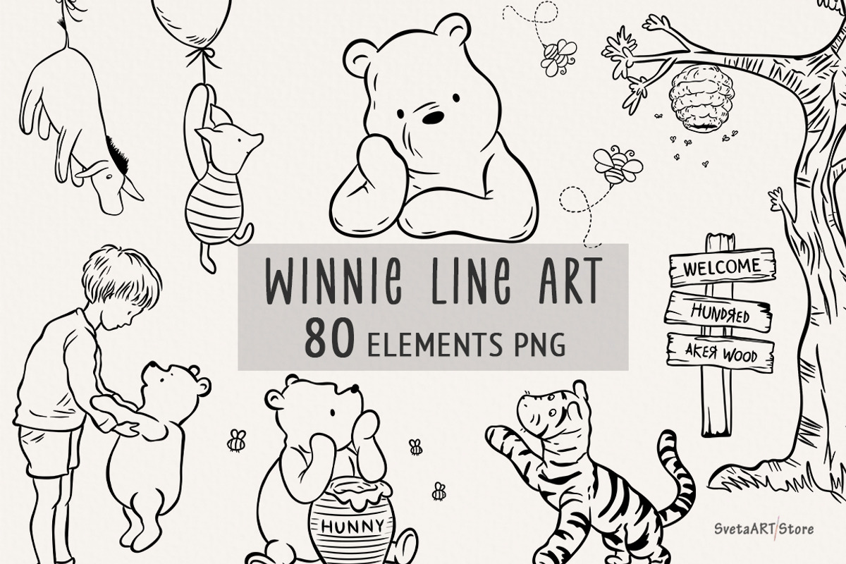 Winnie the Pooh Line Art Clipart, an Animal Illustration by SvetaArtStore (Photo 1 of 9)