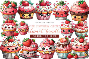Cute Strawberry Cupcake Clipart, an Illustration by DreamArtGraphic