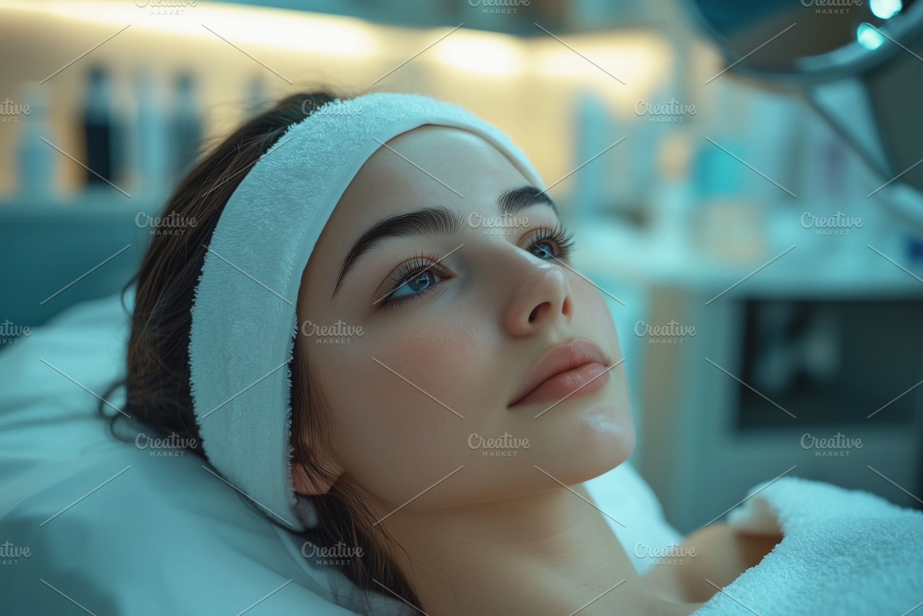 A young woman esthetic technologist with a headband lying on a treatment bed, l, a Person Photo by Textures & Backgrounds