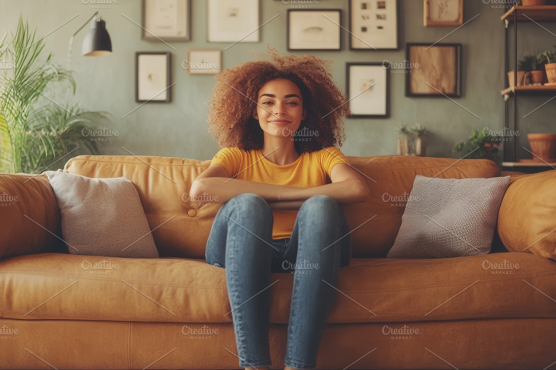 Young woman with curly hair sits on, a Photo by Tanuart