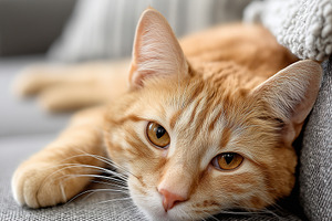 Relaxed orange tabby cat lying on a, an Animal Photo by MistyDay