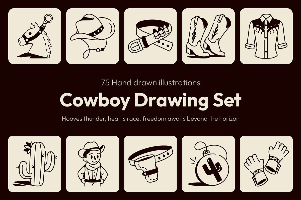Cowboy Drawing Illustration Set, an Outline Icon by Vectors Market (Photo 1 of 8)