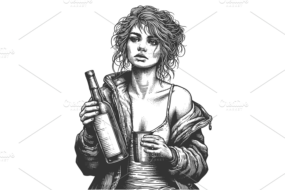 Disheveled Woman Holding Bottle and, a Person Illustration by AlexArt