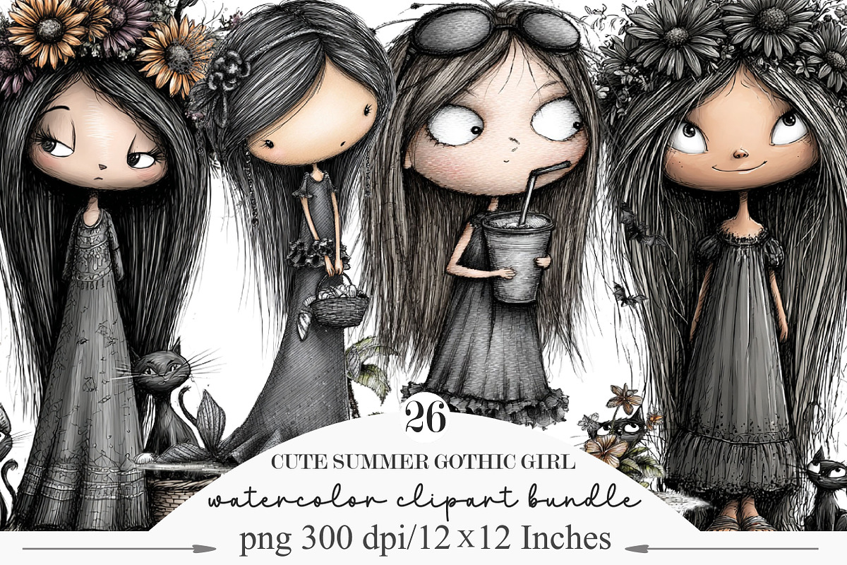 Cute Summer Gothic Girl Clipart, a Seasonal Illustration by Designking (Photo 1 of 5)
