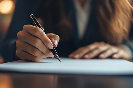 Businesswoman signing a document with a pen, a Business Photo by AlyaAnd