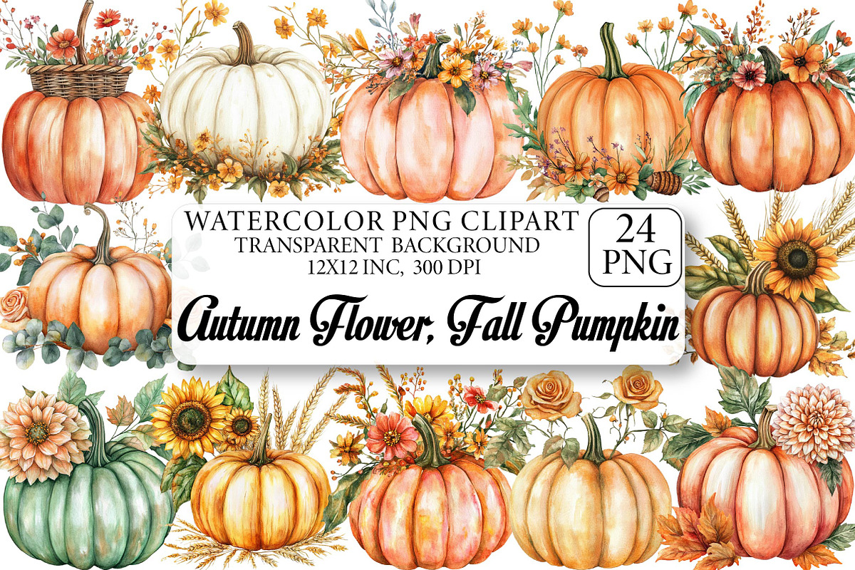 Autumn Flower Clipart, Fall Pumpkin, an Illustration by DreamPrint404 (Photo 1 of 5)