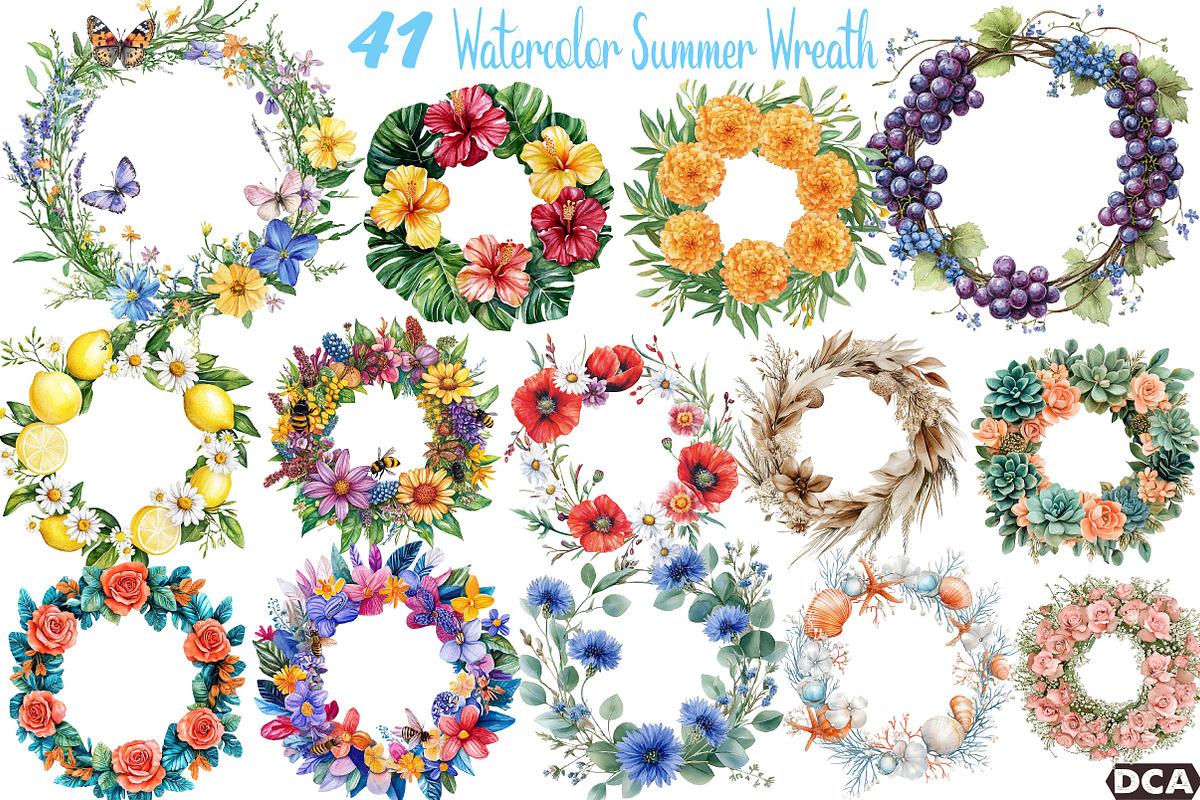 Watercolor Summer Wreath Clipart, an Illustration by DreamCafeArt (Photo 1 of 7)