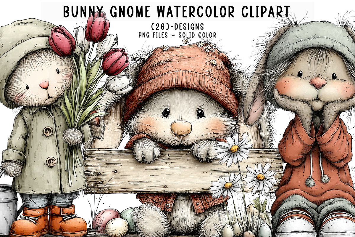 Bunny gnome watercolor clipart, an Illustration by CreationArt (Photo 1 of 5)