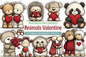 Watercolor Animals Valentine Clipart, an Illustration by Craft Nest