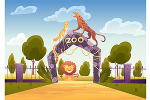 Zoo entrance gates with stone arch, an Animal Illustration by the8monkey